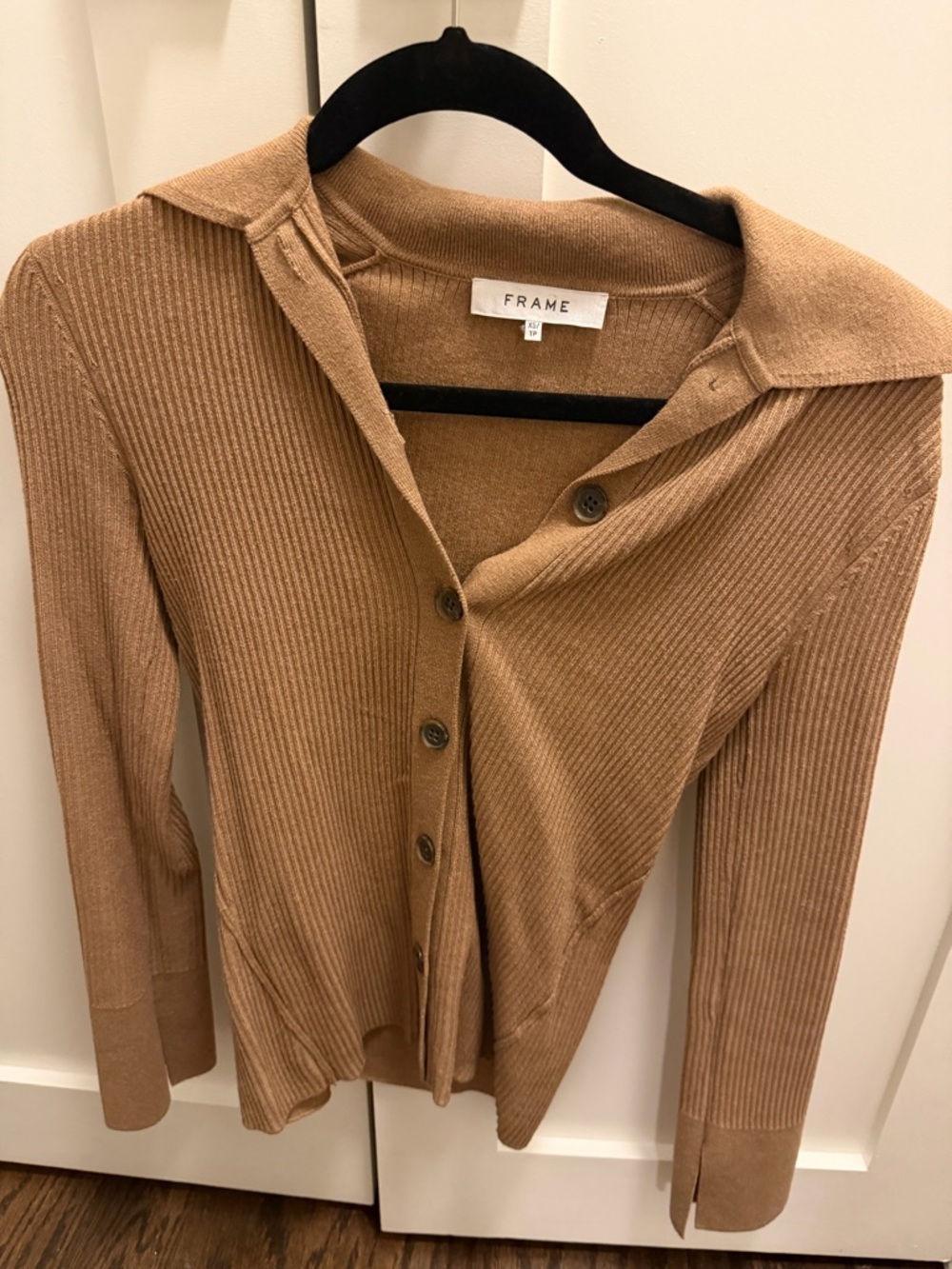 Frame Denim Ribbed Button-Up Cardigan in Camel Brown